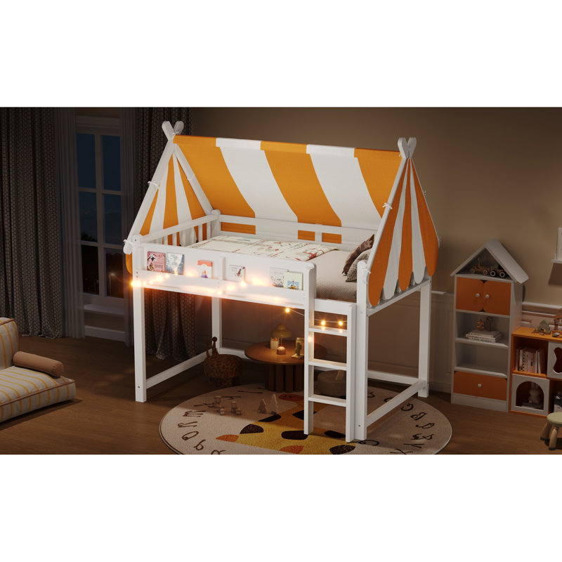 Lit mezzanine spacieux avec auvent, structure en bois durable, design moderne, idéal pour une maison familiale