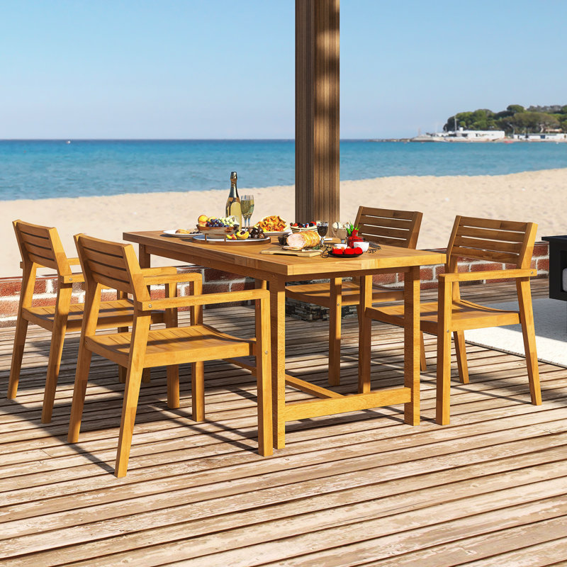 Ensemble de salle à manger d'extérieur 5 pièces en bois d'acacia naturel Table Table rectangulaire 4,59,06 pouces avec trou pour parasol ｜ Convient pour une utilisation sur le patio, la pelouse, le jardin, au bord de la piscine et à l'intérieur Res Résistant aux rayons UV