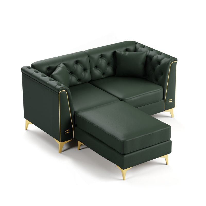 Canapé Chesterfield modulaire léger de luxe avec similicuir capitonné et garniture en métal, Similicuir vert