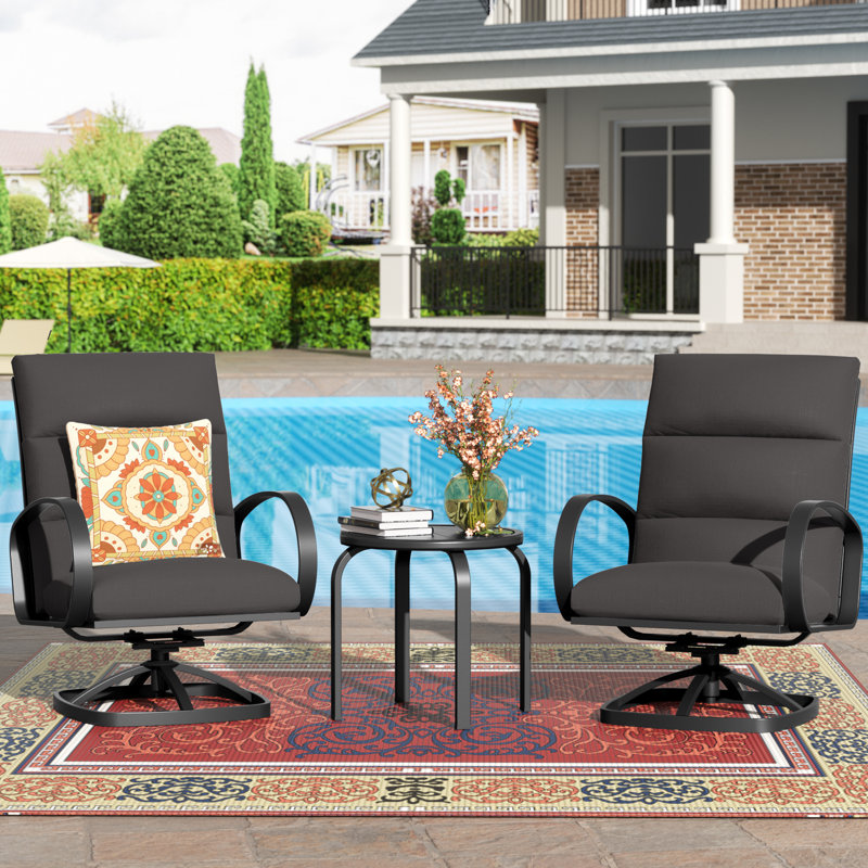 3 Piece Seating Group, Swivel Rocking Chair with 5" Olefin Cushions, Dark Gray Cushion/Black Frame, 3 Pcs: Table, 2 Chairs