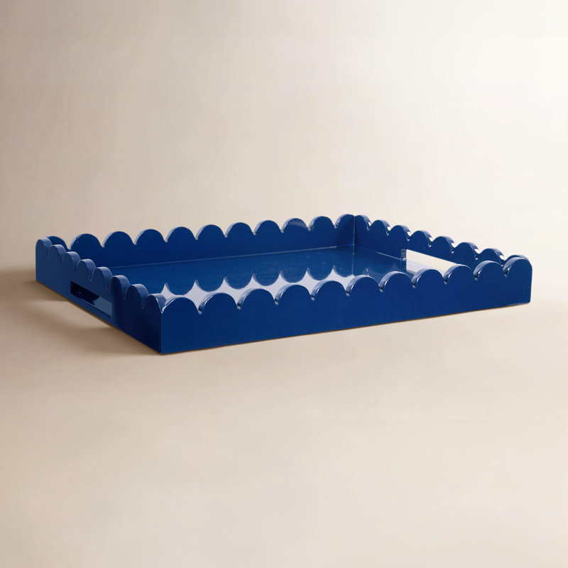 Hindley Hand-Crafted Rectangular Scalloped Wood Tray, Blue