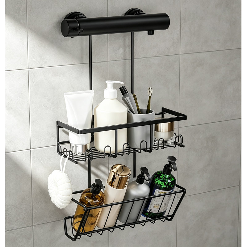 Black Drill-Free Hanging Shower Caddy with 12 Hooks