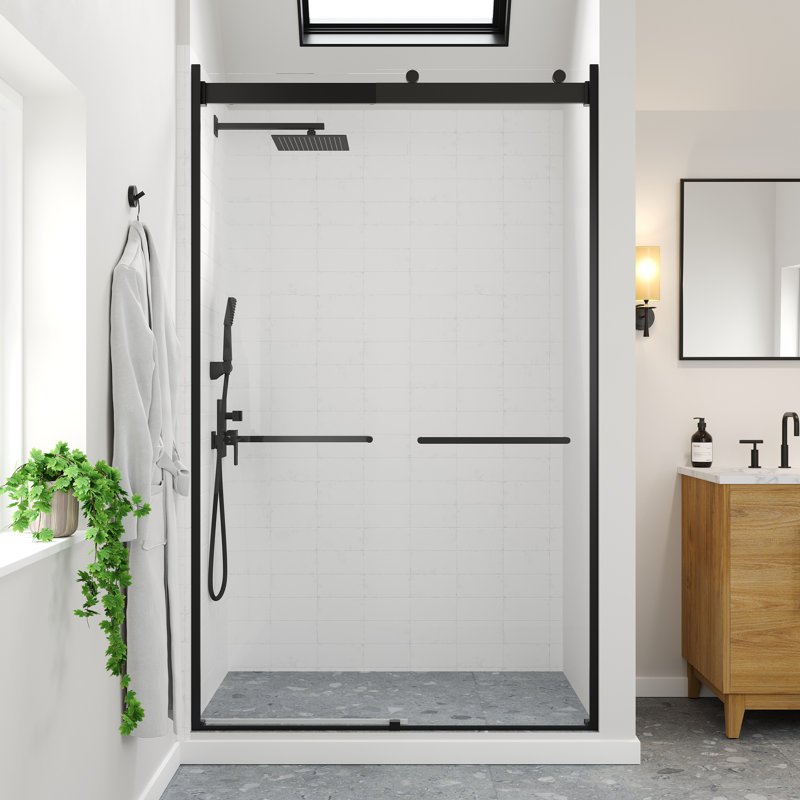 Eviva Orbit 48 In. W X 78 In. H Sliding Frameless Shower Door In Matte Black With Tempered Glass, Matte Black