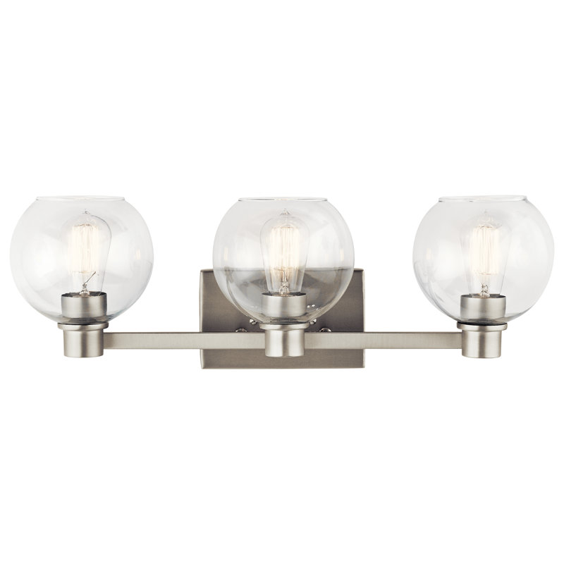 Applique murale Harmony en nickel brossé à 3 lumières avec abat-jour en verre transparent, Nickel brossé