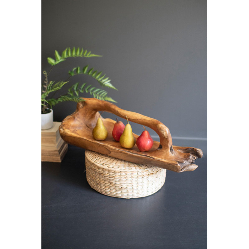  Grand bol ovale en bois de teck avec poignée décorative de table finition décorative brune brillante