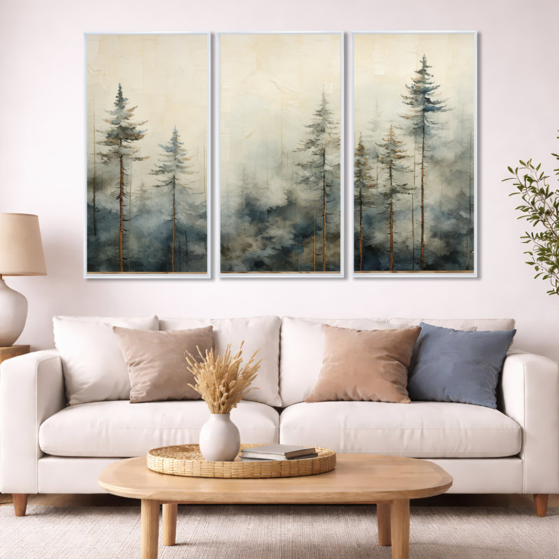 Forêt d'art de pin Minimalisme, H 40 po x l 60 po x P 1 po, Cadre flottant blanc