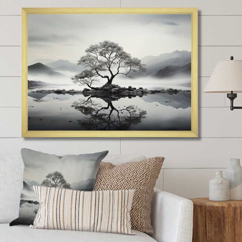 Arbre harmonie encre monochrome II - décoration murale florale, Encadrement doré, H 12 po x l 20 po x P 1 po
