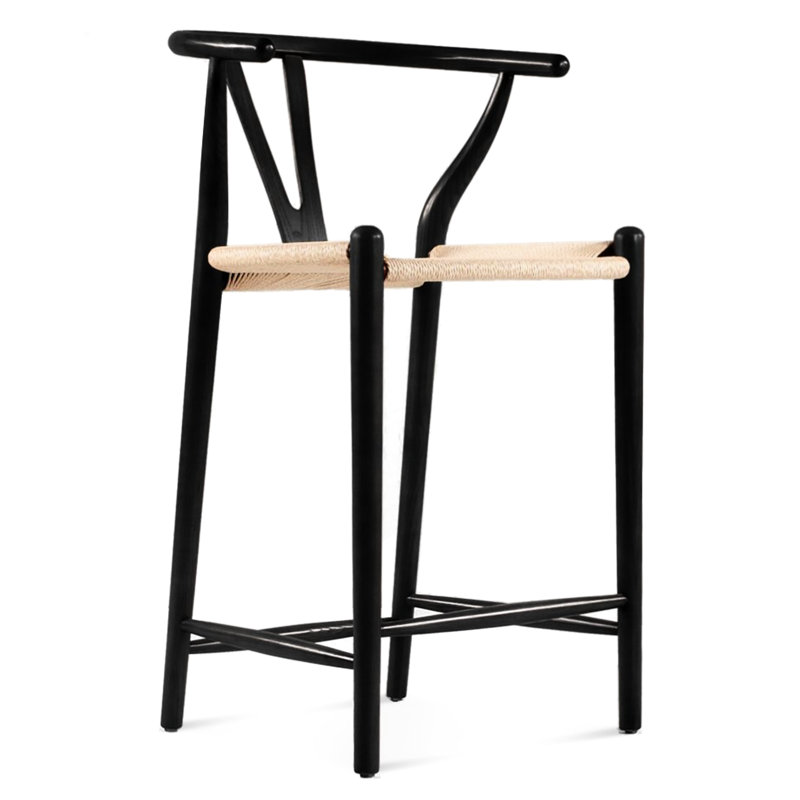 Tabouret de comptoir en frêne massif teint noir, siège tissé à la main avec cordon en papier, surface en bois traité à l'huile, revêtement en feu, tabouret de 21 po de largeur et de 36,6 po de hauteur, fabriqué en bois
