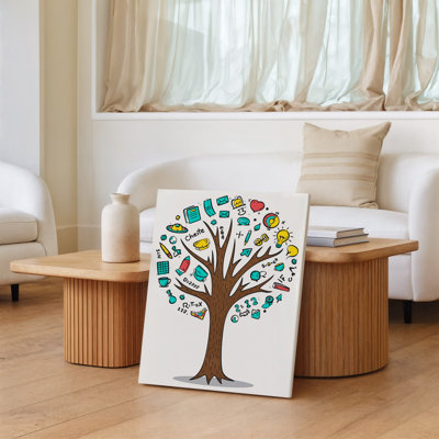 Toile, création d'une illustration fantaisiste d'un arbre stylisé avec un art mural, un tronc brun texturé et des branches entourées d'art coloré sur toile