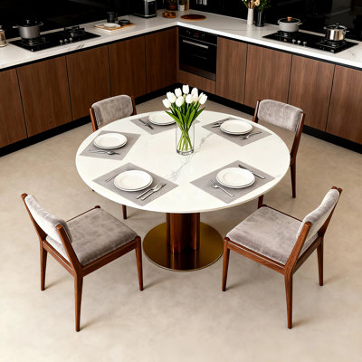 Petite table de salle à manger moderne 33,5 "avec base en bois d'hévéa massif Boomerang, plateau en pierre frittée, styles ronds, appartement, coin cuisine et table basse pour 2 à 4 personnes  