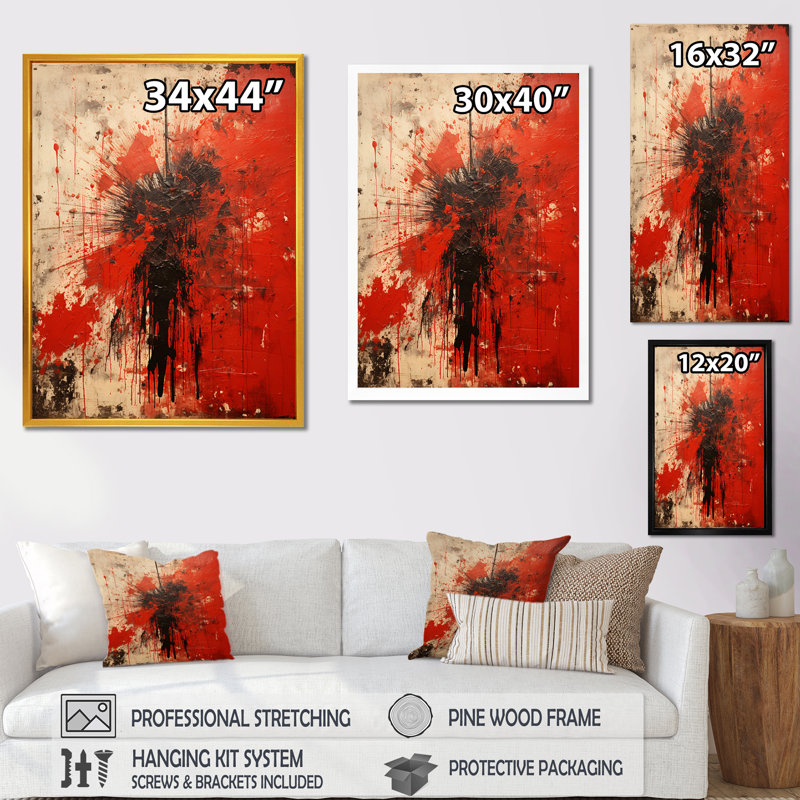Collages abstraits rouges médiévaux - Art mural abstrait, Cadre flottant doré, 32" H x 16" W