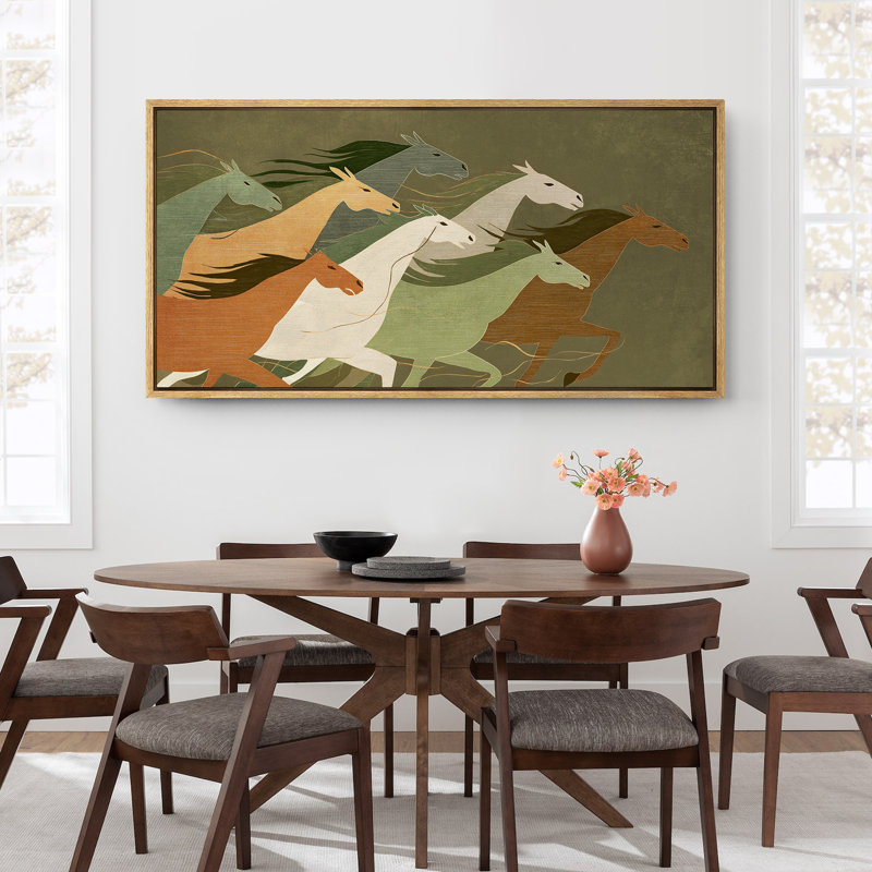 Modern Running Horses Artwork Extra Large Pictures Framed Canvas Print Wall Art, Natural, 30" H x 60" W