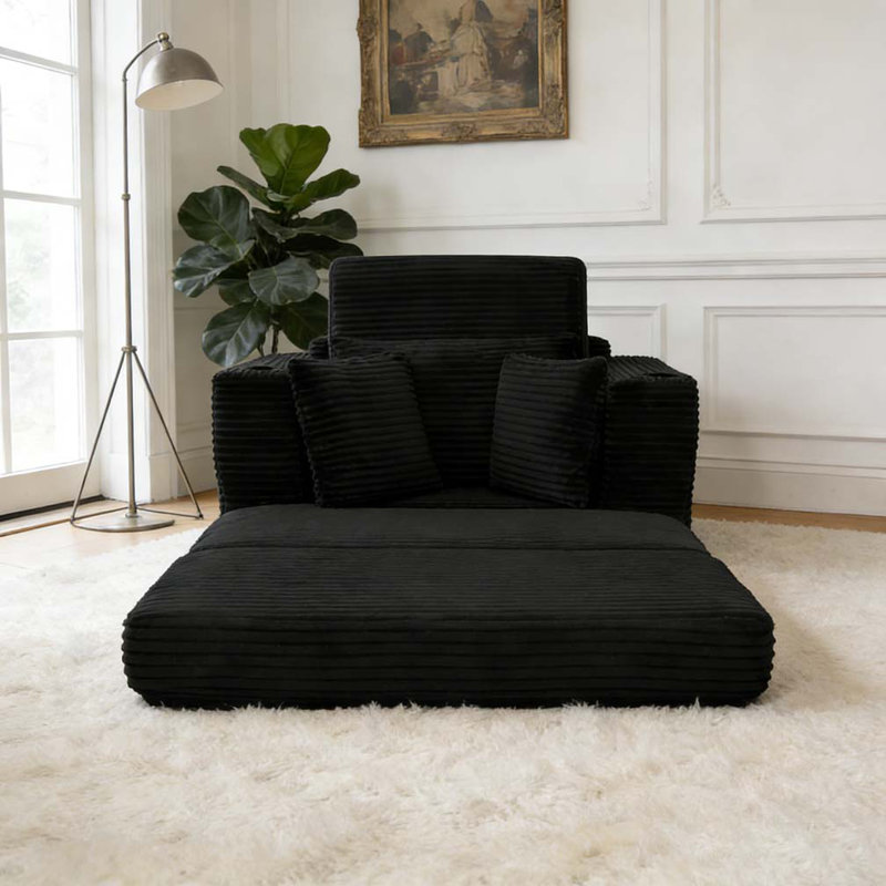 Modular 3-in-1 Sofa Bed for Reading, Living Room & Bedroom Corduroy Couch, Black