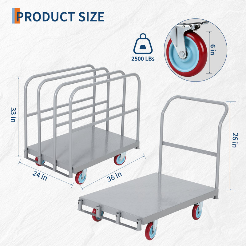 Chariot plateforme 2 en 1 robuste - Chariot à plat en acier d'une capacité de 2 500 lb avec 4 rampes amovibles - Chariot à panneau pliant de 36 po x 24 po avec roues pivotantes de 6 po - Chariot de manutention industriel pour entrepôt