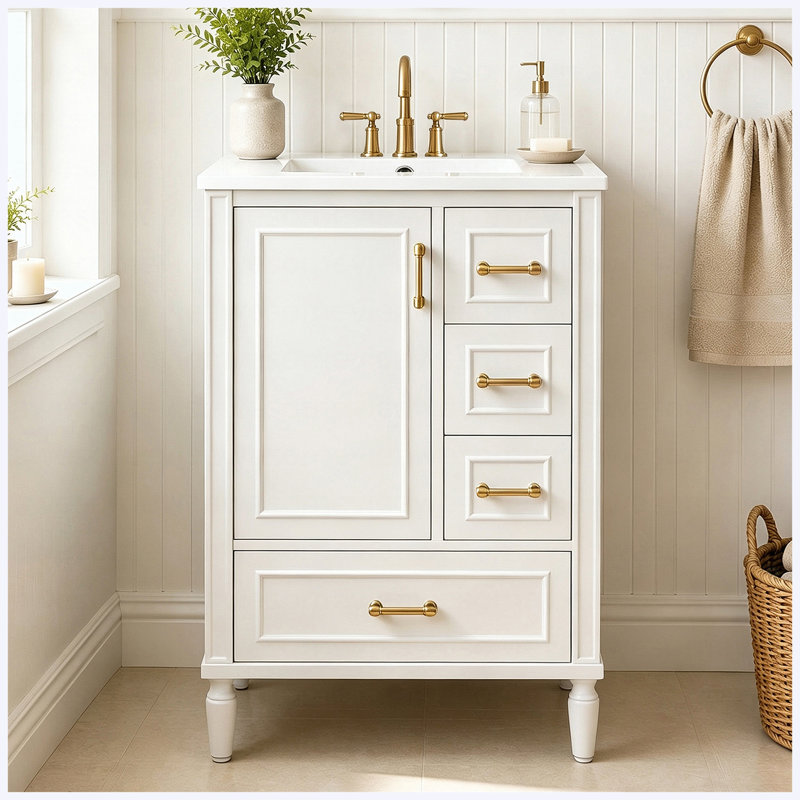 Meuble-lavabo moderne de 24 po avec lavabo en céramique, porte à fermeture douce, 3 tiroirs, poignées dorées et support de rangement