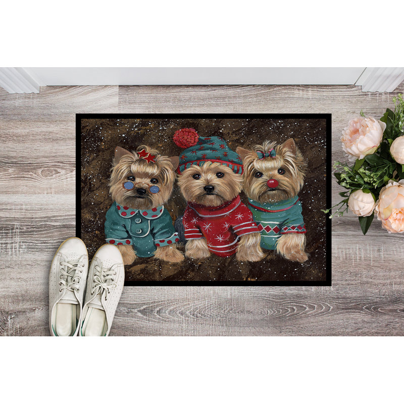Tapis d'entrée antidérapant Guerriero, Yorkshire Terrier Yorkshire lutins de Noël, L 24 po x L 36 po