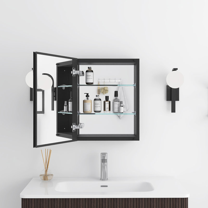 Pharmacie rectangulaire avec miroir, Noir mat, H 20 po x l 16 po x P 4,63 po