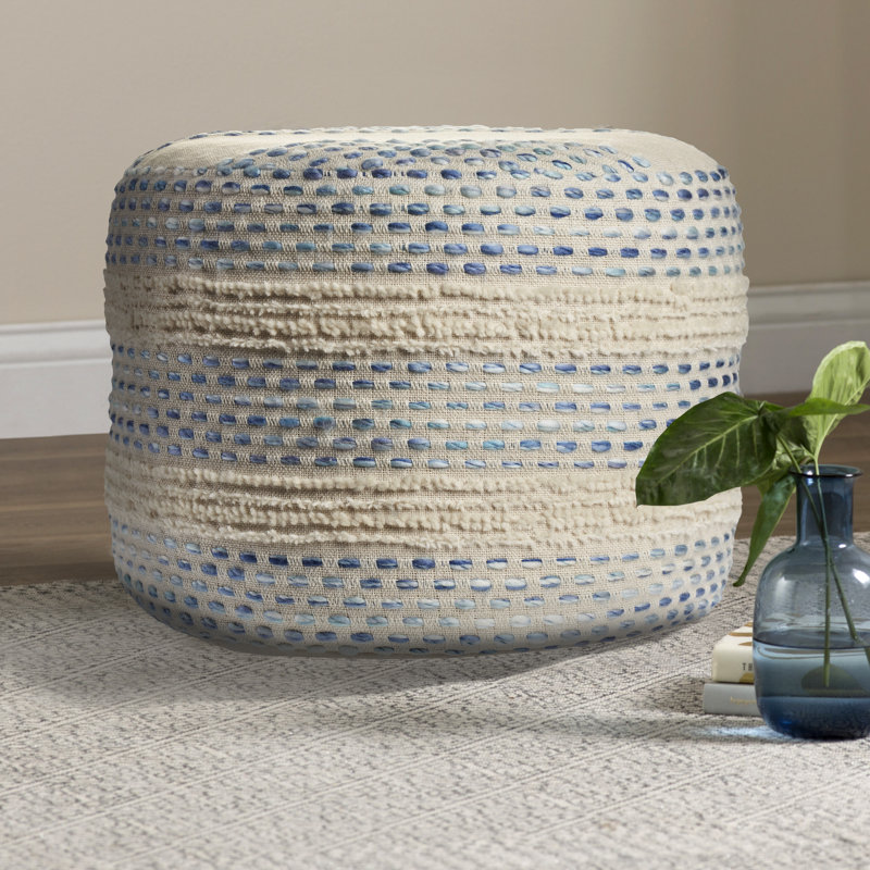 Lebo Modern Farmhouse Striped Handmade Upholstered Ottoman Pouf, Blue