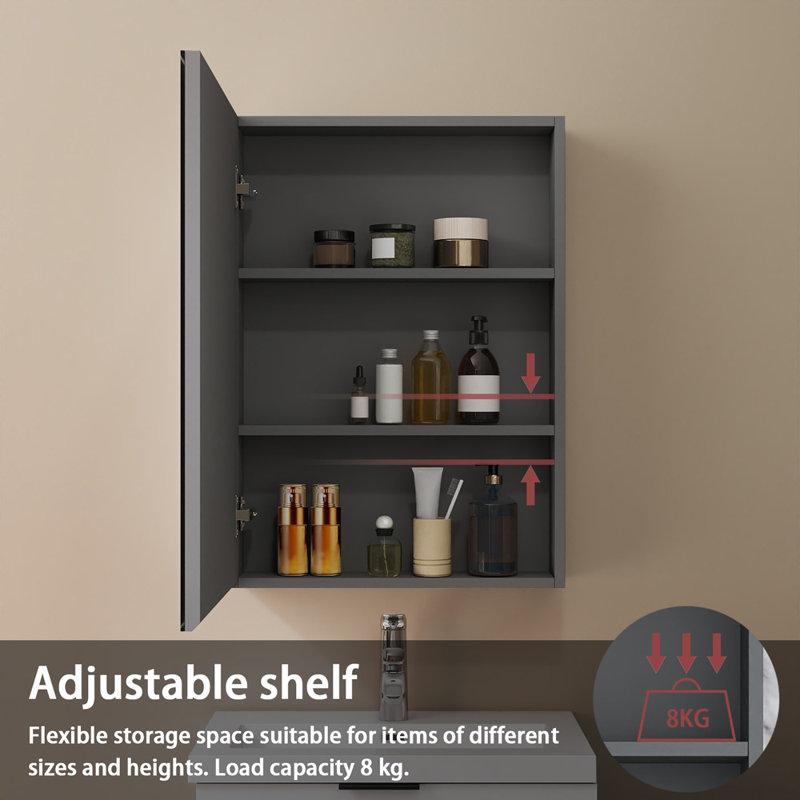 W H Wall Frameless Medicine Cabinet Mirror, Grey