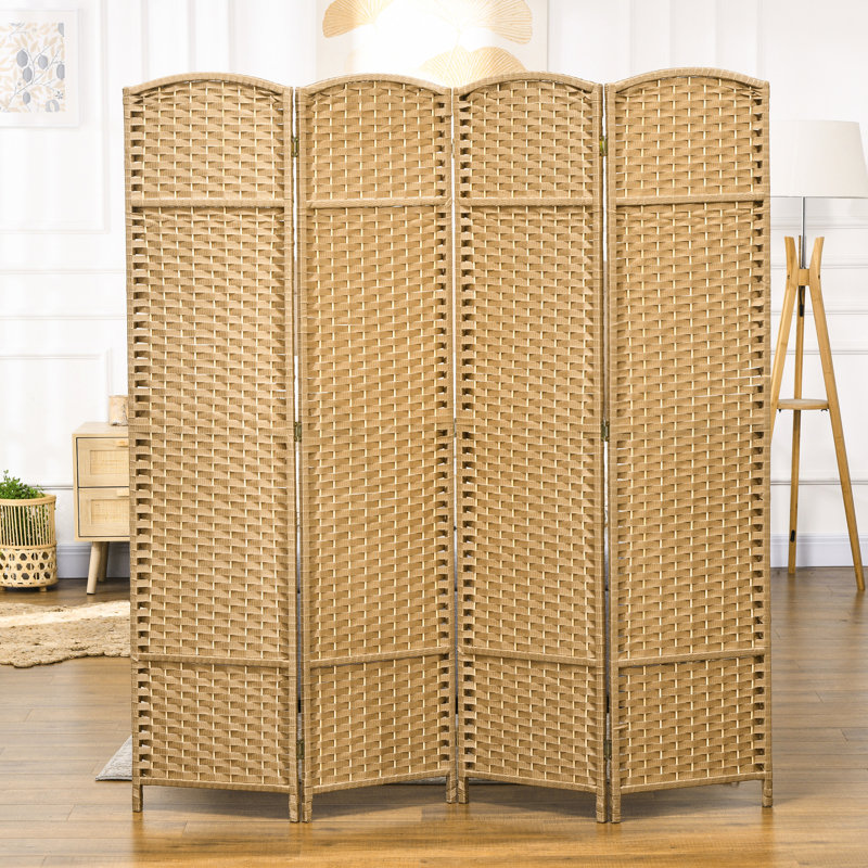 Room Divider 4 Panel, 5.6' Tall For Home. Hand-Woven Pattern With Natural Wood Flavour. Versatile Partition. Frame & Polypropylene Webbing. Lightweight And Foldable. No Assembly Required Panel Folding