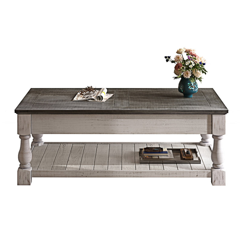 Table basse à plateau relevable avec tablette, Blanc ancien, Gris antique