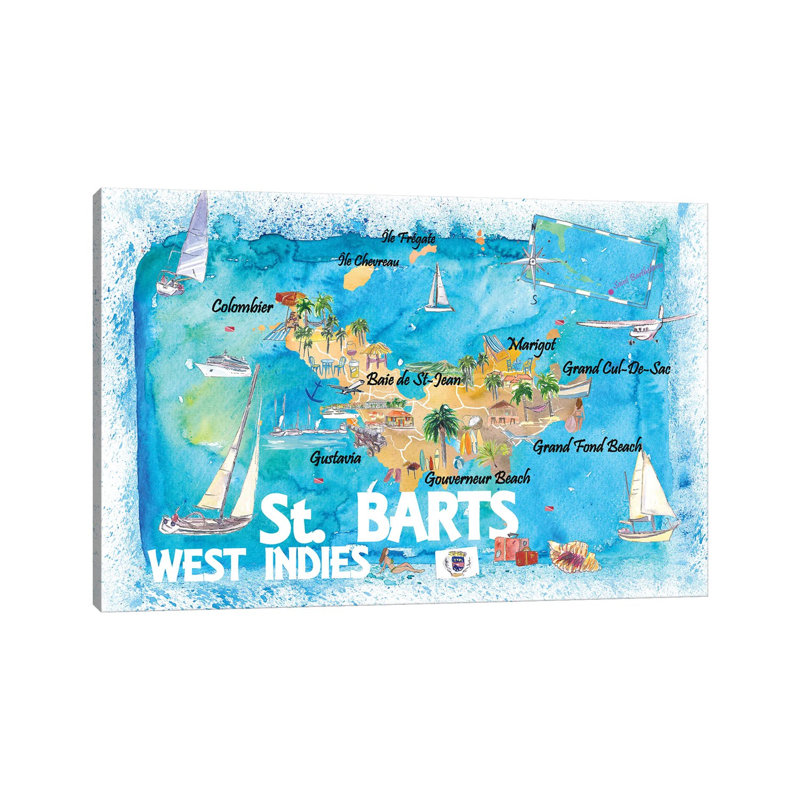 St Barts Antilles Illustrated Caribbean Map With Highlights Of West Indies Island Dream By Markus & Martina Bleichner - Wrapped Canvas Graphic Art by Markus & Martina Bleichner - Wrapped Canvas Print