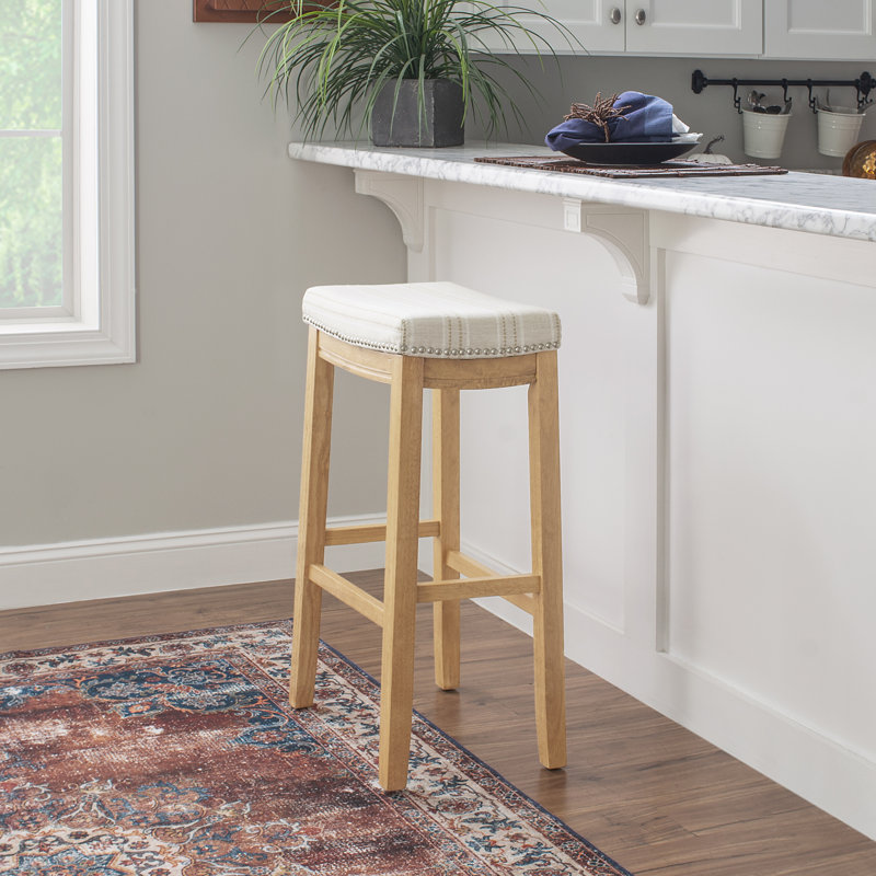 Bartonville Counter & Bar Solid Wood Backless Stool with Upholstered Seat, Linen Polyester/Rustic Brown