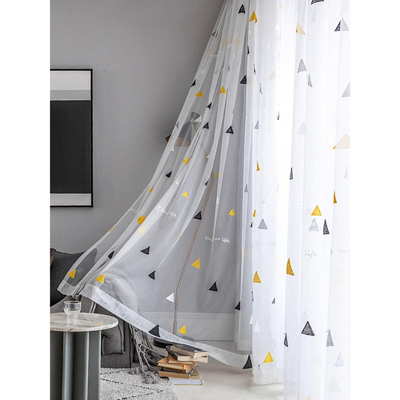 Rideaux en voile blanc brodés à motifs géométriques triangulaires (2 panneaux), avec œillets pour tringle, pour salon, chambre et décoration intérieure (52''L * 84''H)