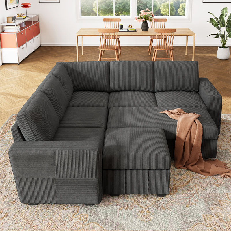 Abramson Corduroy Sleeper Sectional Sofa Bed With Ottoman, Gray Corduroy