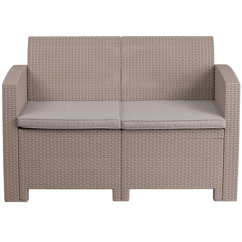 Alderman Faux Rattan Loveseat with All-Weather Cushions, Light Gray