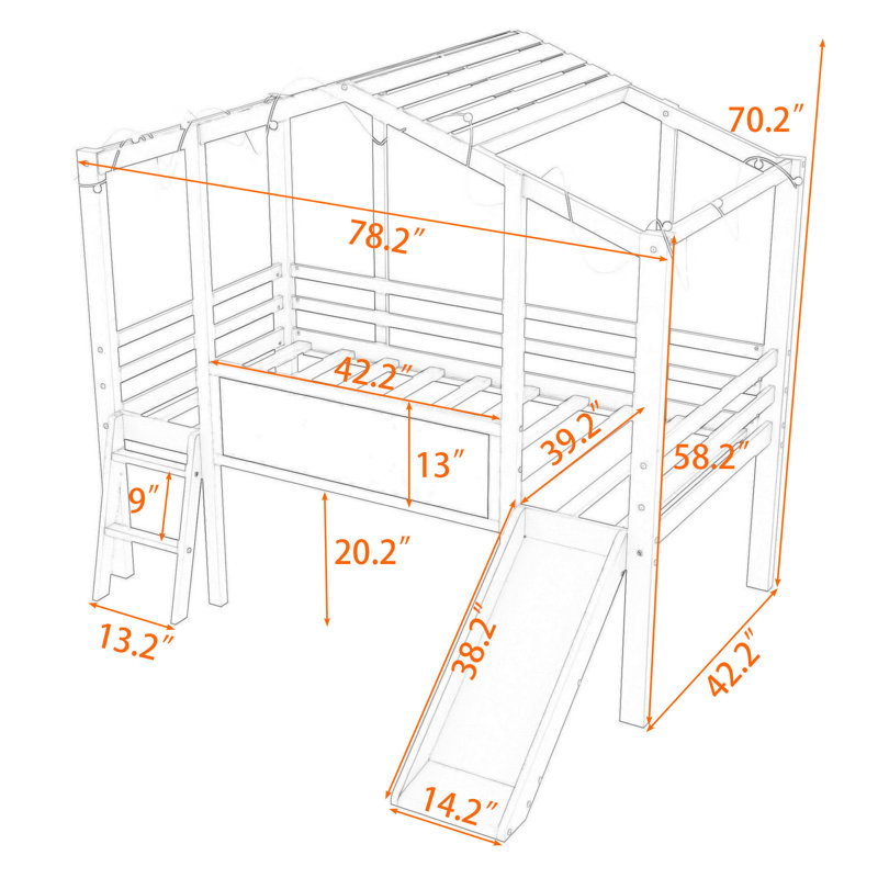 Schintzel Kids Twin Size Wood Loft Bed with Blackboard, Slide and Light Strip, Gray
