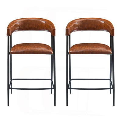 Ensemble de 2 tabourets de comptoir de 26 po, tabourets de comptoir revêtus de polyuréthane avec structure en fer, dossier, repose-pieds, tabourets de comptoir avec accoudoirs pour bar personnel, comptoir de cuisine, brun