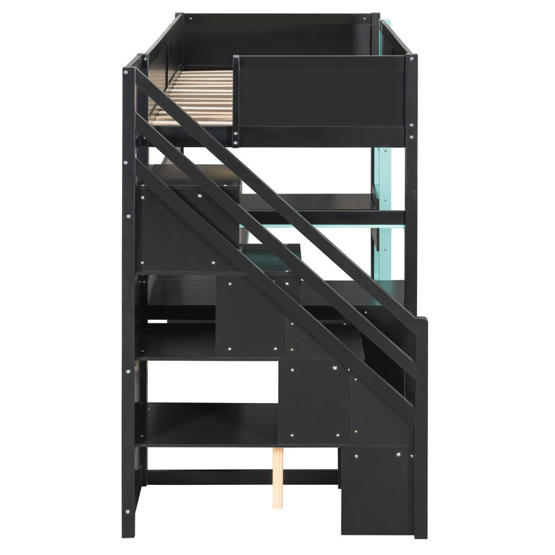 Aline Wooden Gaming Loft Bed with Storage Stairs, Desk, Shelves and Pegboard, Twin, Blue/Black