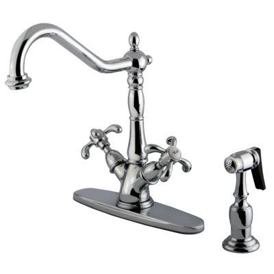 Kingston Brass French Country Two-Handle 2-or-4 Hole Deck Mount Kitchen Faucet with Brass Sprayer