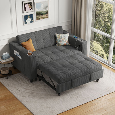 Clayton 53.8'' Upholstered Convertible Sleeper Sofa with USB Charging & Cup Holder