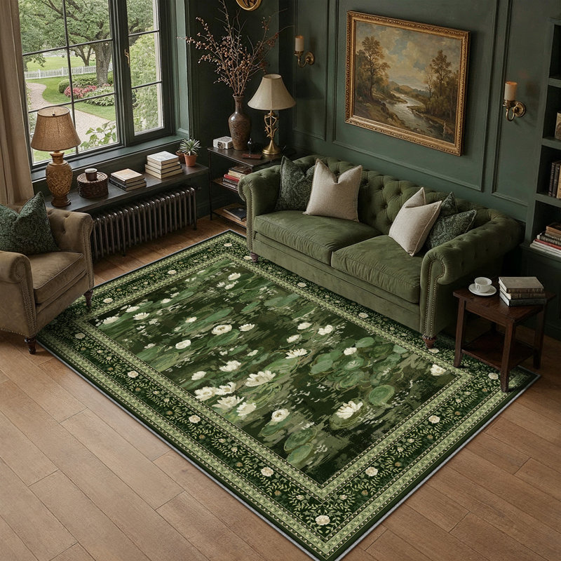 Aura Waterlily Art Machine Washable Area Rug, Green, Rectangle 6' x 9'