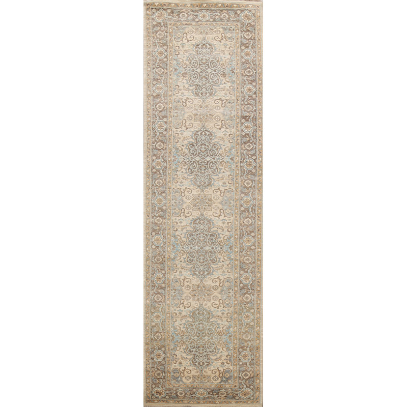 Tapis de couloir beige en laine noué à la main de conception unique 3 pi x 11 pi 3 po New Age