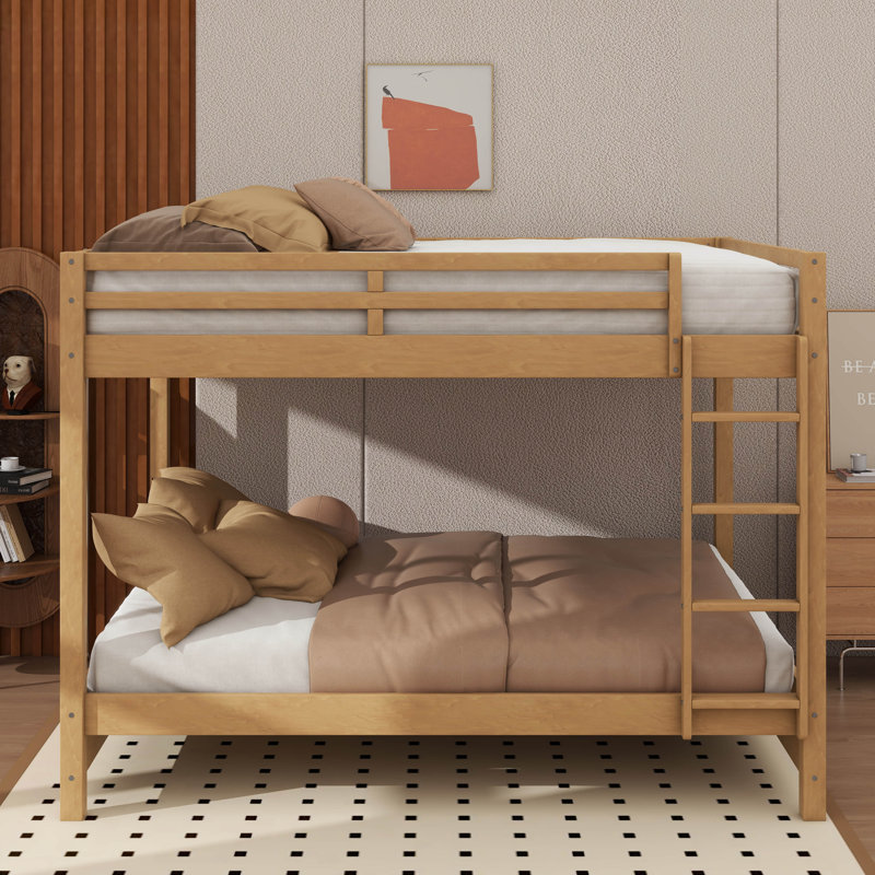 Queen-Over-Queen Sturdy Wooden Bunk Bed With Ladder & Safety Guardrail, Wood