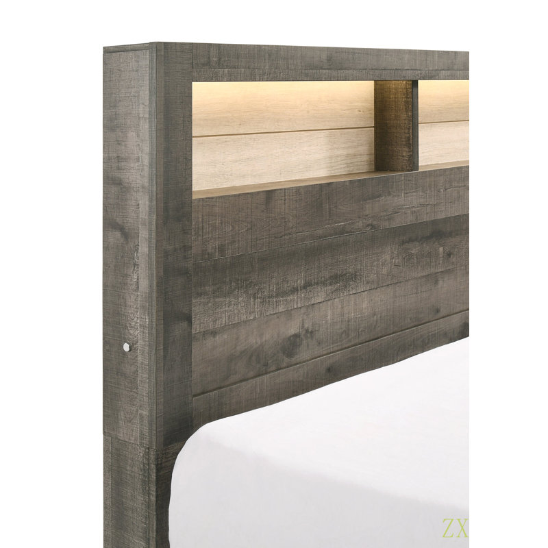 1 lit plateforme grand lit avec rangement et tête de lit à profil bas avec éclairage intégré de style campagne moderne