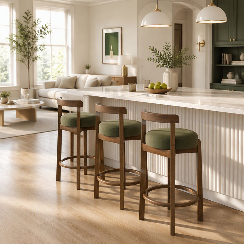 Tabouret de bar intérieur minimaliste Elise en bois d'hévéa, hauteur du comptoir, avec repose-pieds annulaire, ensemble de 4