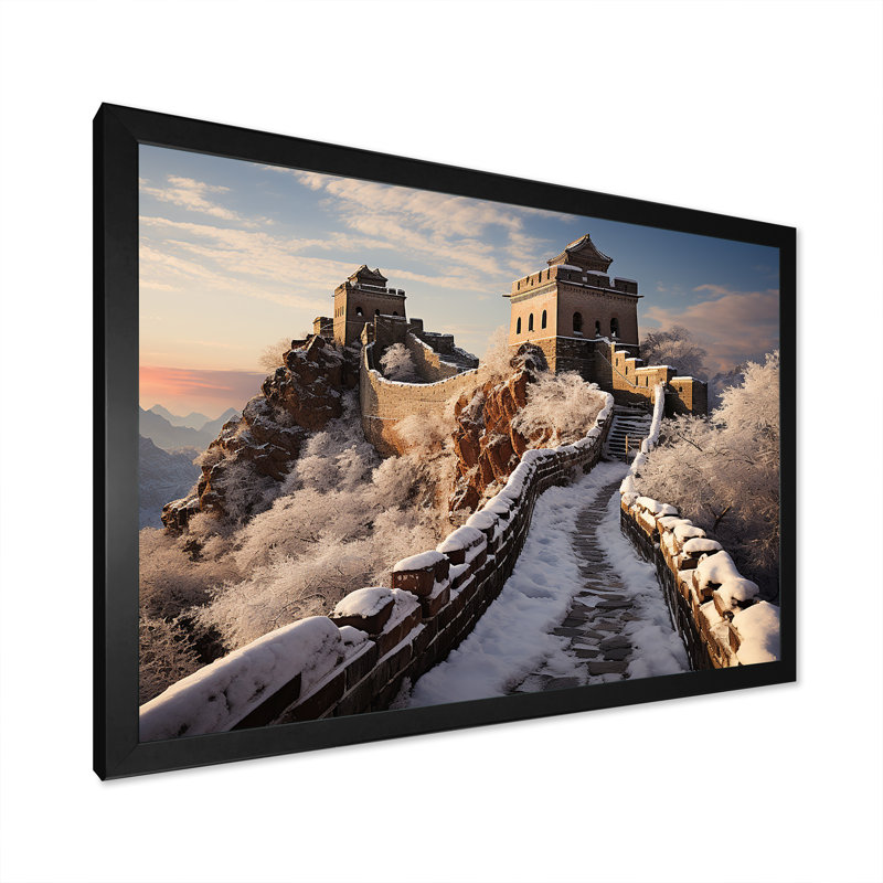 Grande muraille de Chine en hiver IV - Art mural japonais, Cadre d'angle fermé noir, H 24 po x l 32 po x P 1 po