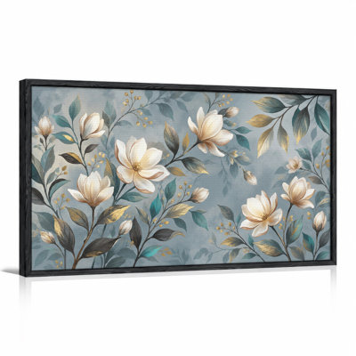 Tableau sur toile représentant des fleurs de magnolia blanches avec des feuilles turquoise et des accents dorés
