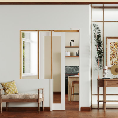 Porte de miroir avec porte coulissante et panneau de fibres à densité moyenne avec panneau réfléchissant pleine longueur, finition blanche moderne