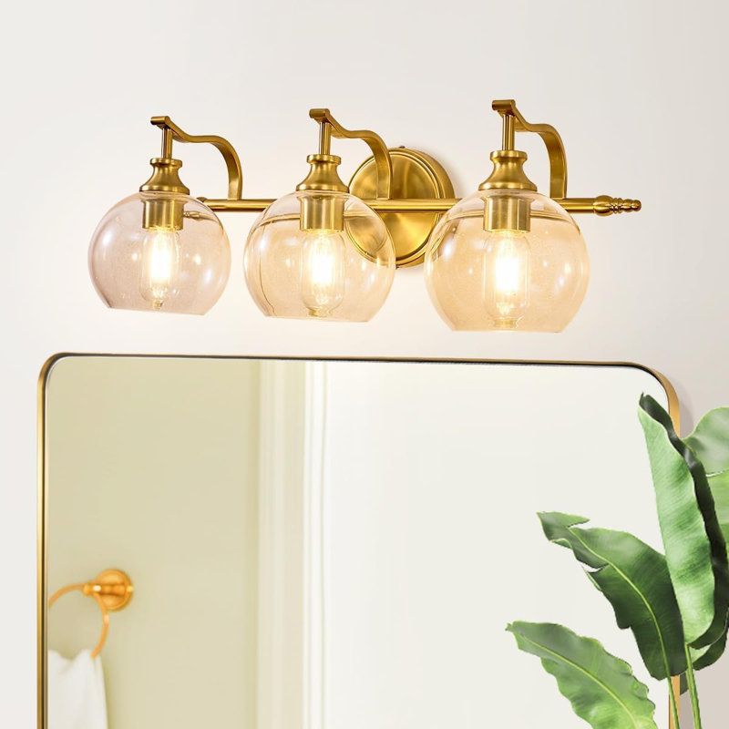 Luminaire de meuble-lavabo en laiton antique avec abat-jour en verre transparent, applique murale 3 lumières pour la salle de bain, la chambre à coucher, le salon et le couloir