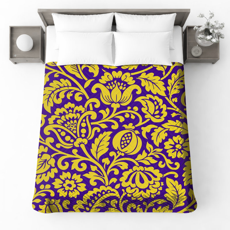 Couvre-lit matelassé jaune à motif floral damassé, Queen