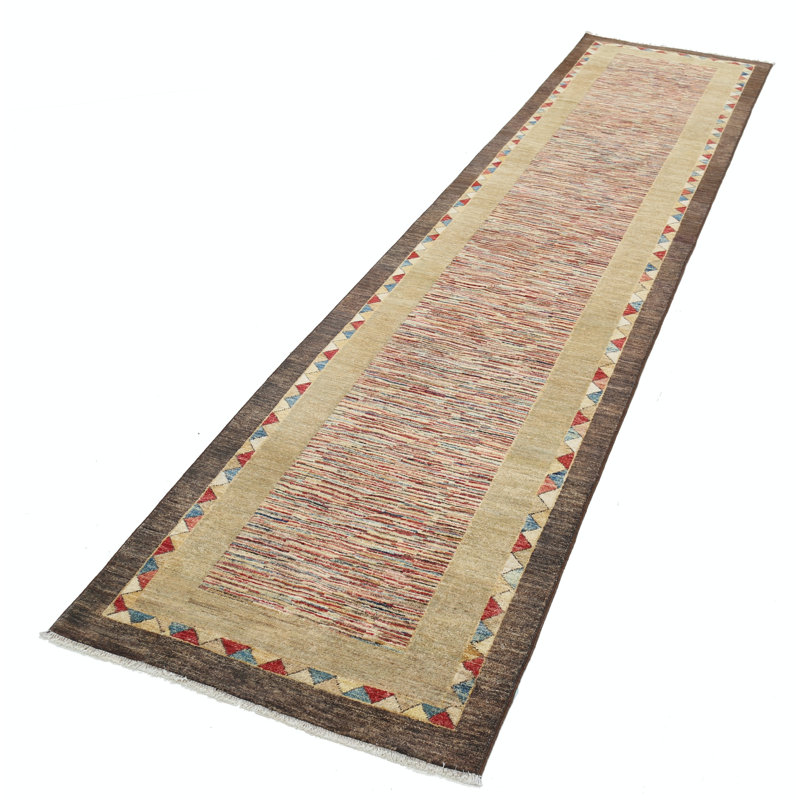 Tapis de couloir 2,8 po x 11,5 pi beige, brun et rouge noué à la main pour la cuisine, tapis de couloir en laine, tapis de couloir, tapis d'escalier
