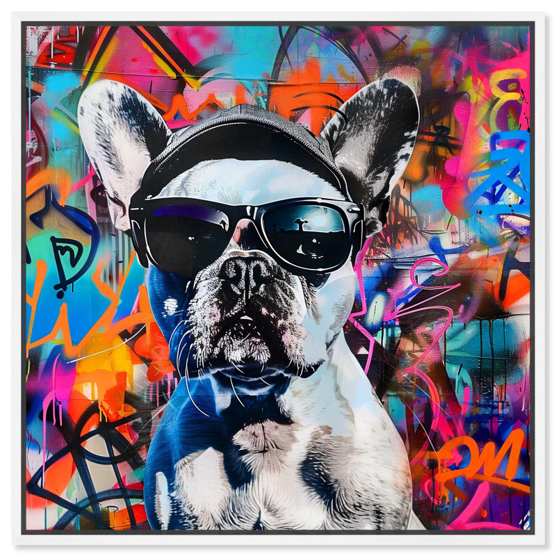 Élégant art graffiti sur toile Graffiti Frenchie par Art Remedy, Cadre flottant blanc, H 25 po x l 25 po x P 1,8 po