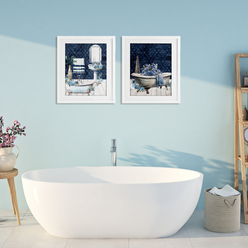 «Blue Bath Floral Interior», ensemble de 2 impressions encadrées sous verre, design par Kim Allen, H 21 po x l 17 po