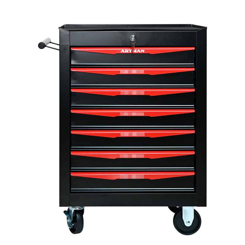 Boîte à outils 20 po avec 7 tiroirs - Roulement, amovible, mobile 7 glissières à roulement, rouge et noir, stable