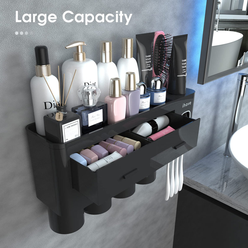 Porte-brosses à dents pour salle de bain, porte-brosses à dents 4 tasses fixé au mur avec distributeur de dentifrice, Noir